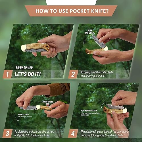 Miniatura 3 de Cuchillo de acero de damasco de bolsillo 65 pulgadas de madera azul hecho a mano juego de cuchillos de bloqueo negro para caza pesca campamento