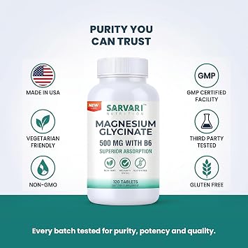 Magnesium Glycinate Supplement 500mg |120 Vegetarian Tablets, Added Vitamin B6 for Enhanced Absorption | Made in USA, 3rd Party Tested, Non-GMO & Gluten Free.