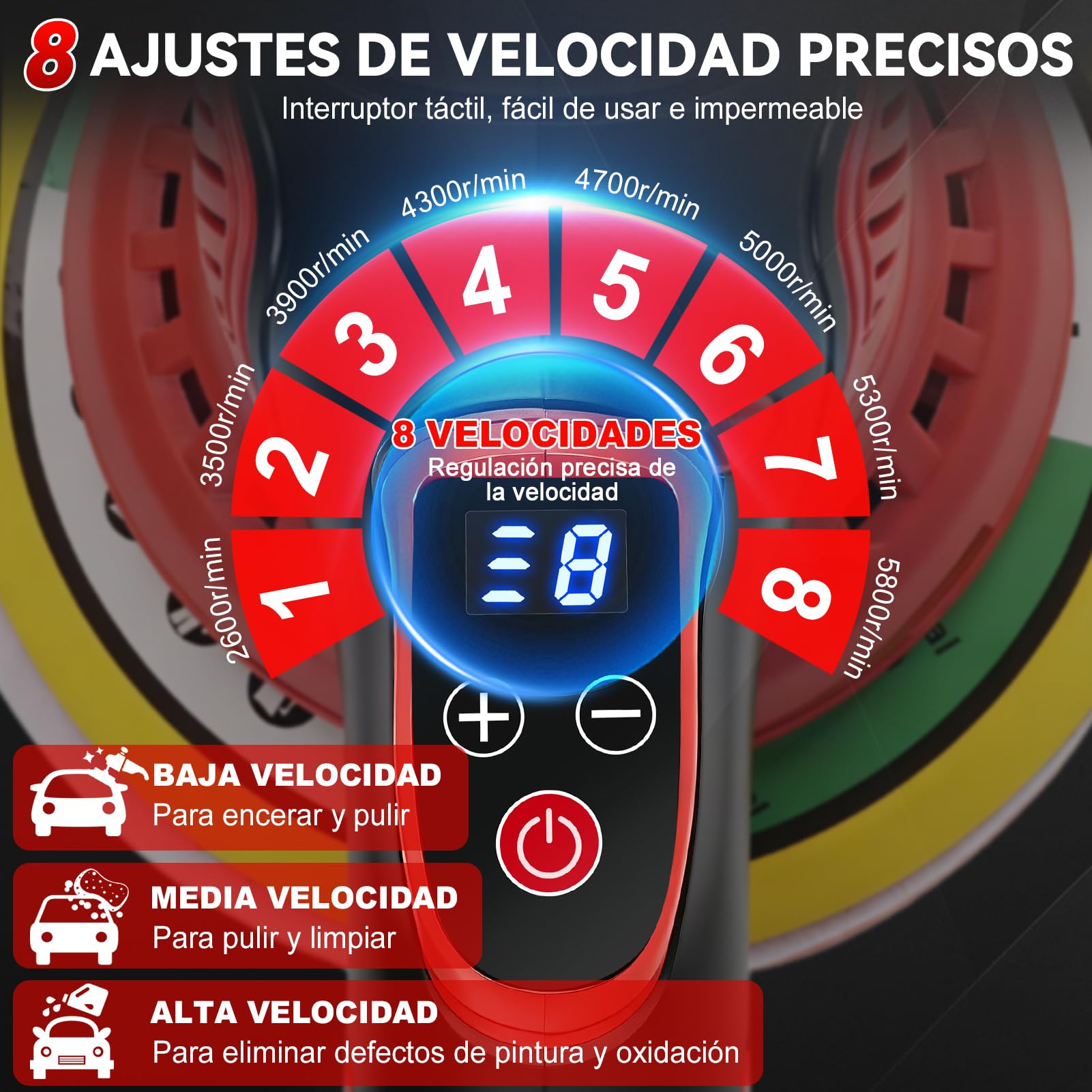 Pulidora de Autos Inalámbrica, 21V Pulidora de Coche con Batería Profesional de 6 Pulgadas 150 mm, Pulidora Orbital Excéntrica con 8 Velocidades 2600-5800 rpm, para Encerado, Mantenimiento, Pulido