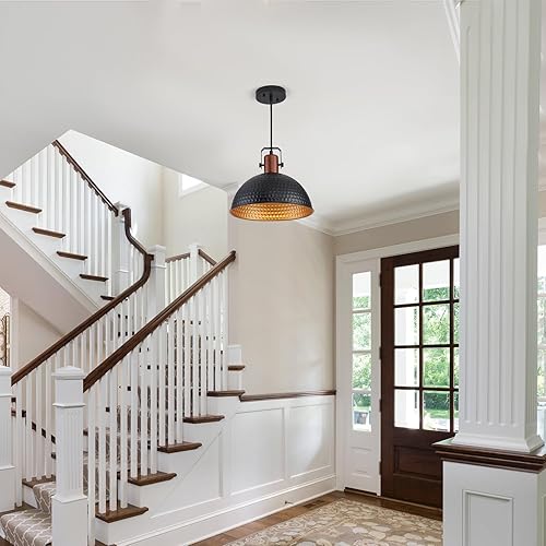 Miniatura 8 de Luces colgantes negras de 12 pulgadas martilladas mate para isla de cocina, casa de campo industrial, altura ajustable, lámparas colgantes para