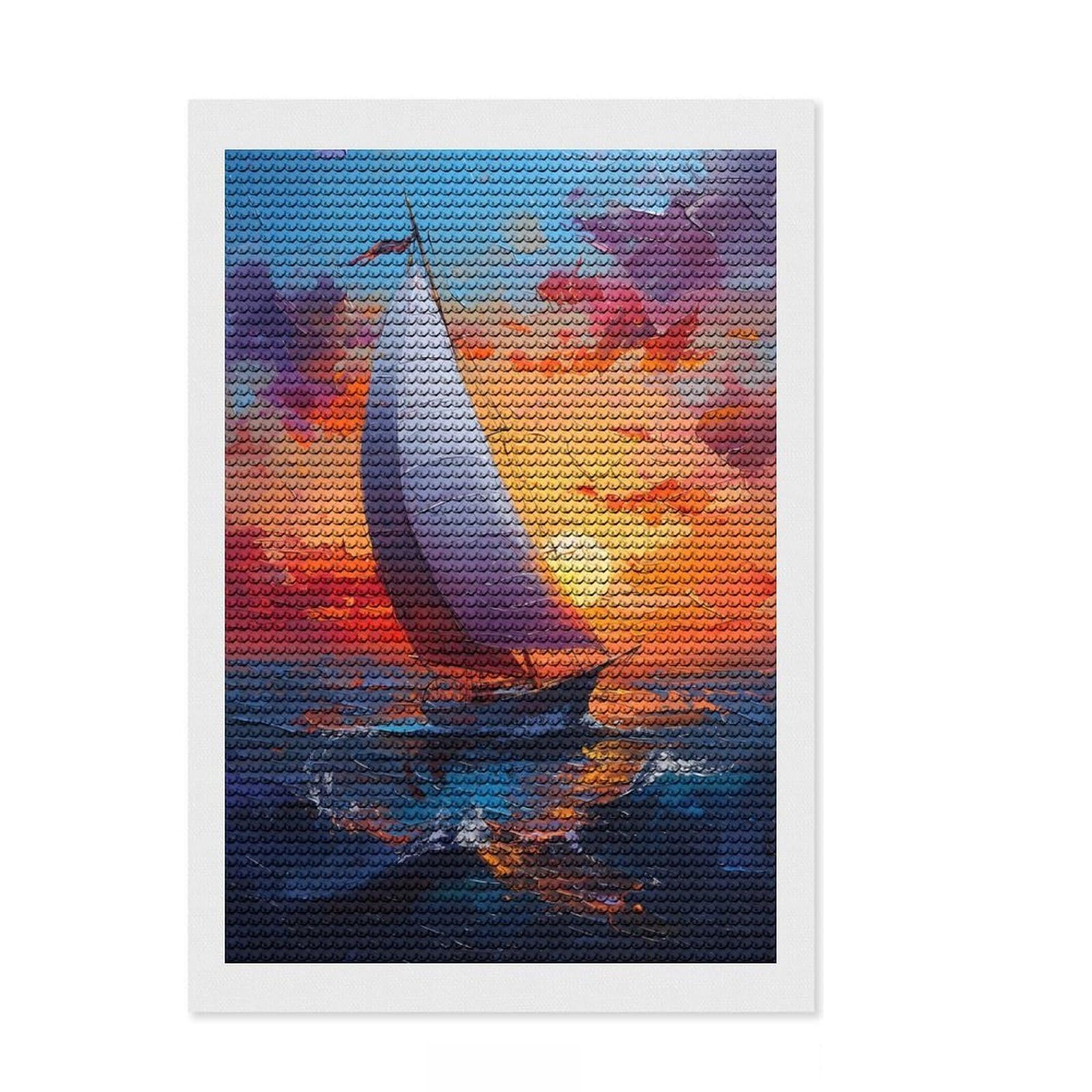 Junmoney Sailboat Sunset Painting Diamond Art Canvas 8"x12", for Creative Relaxation, Printed Canvas, Modern Decor, Christmas Gift, with Tool Kit