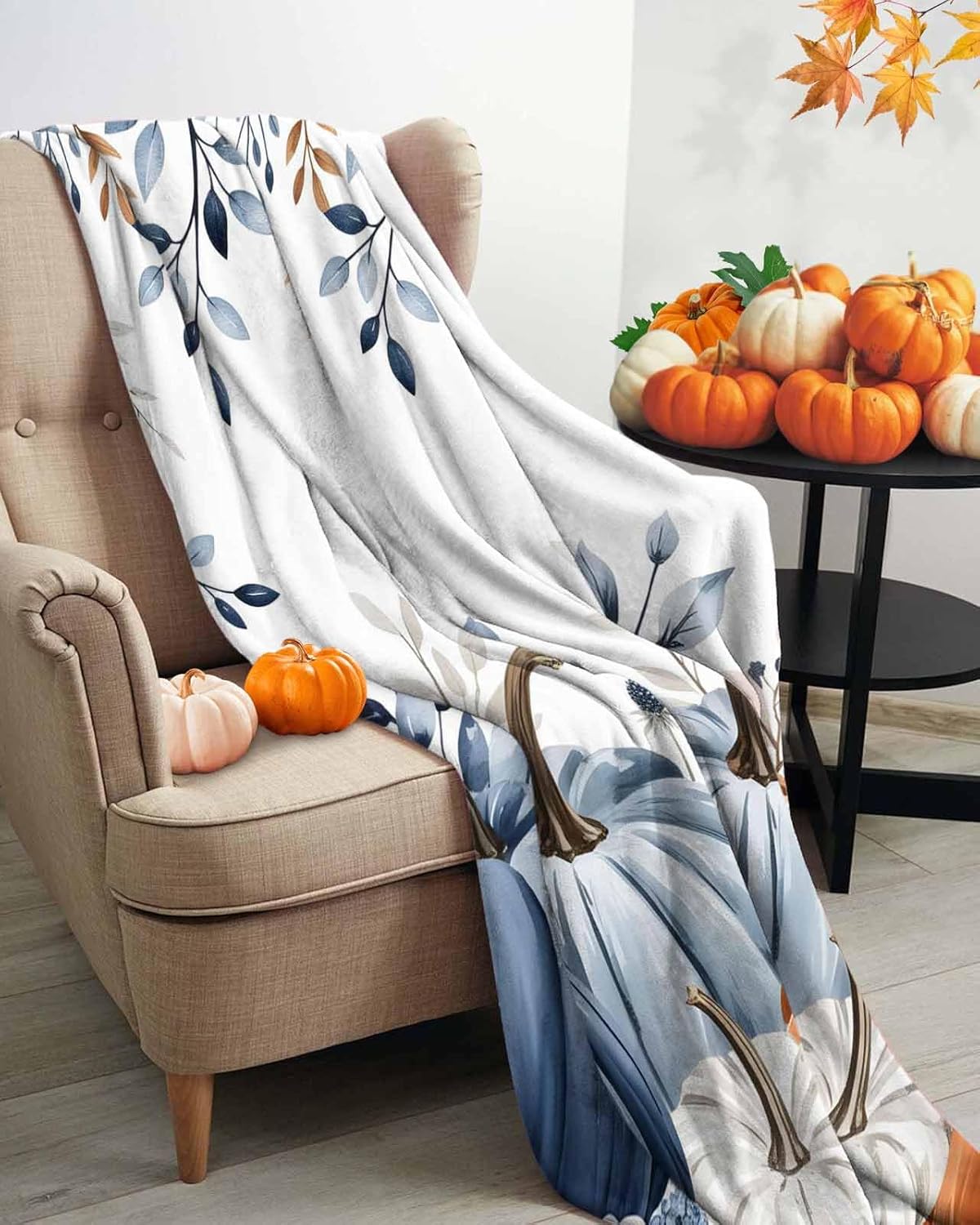 Fall Blue Pumpkin Blanket Super Soft Flannel Fleece Thanksgiving Eucalyptus Leaf Throw Blanket Lightweight Cozy Warm Fuzzy Plush Blue Orange White Microfiber Blankets for Couch Bed Sofa 40x50inch