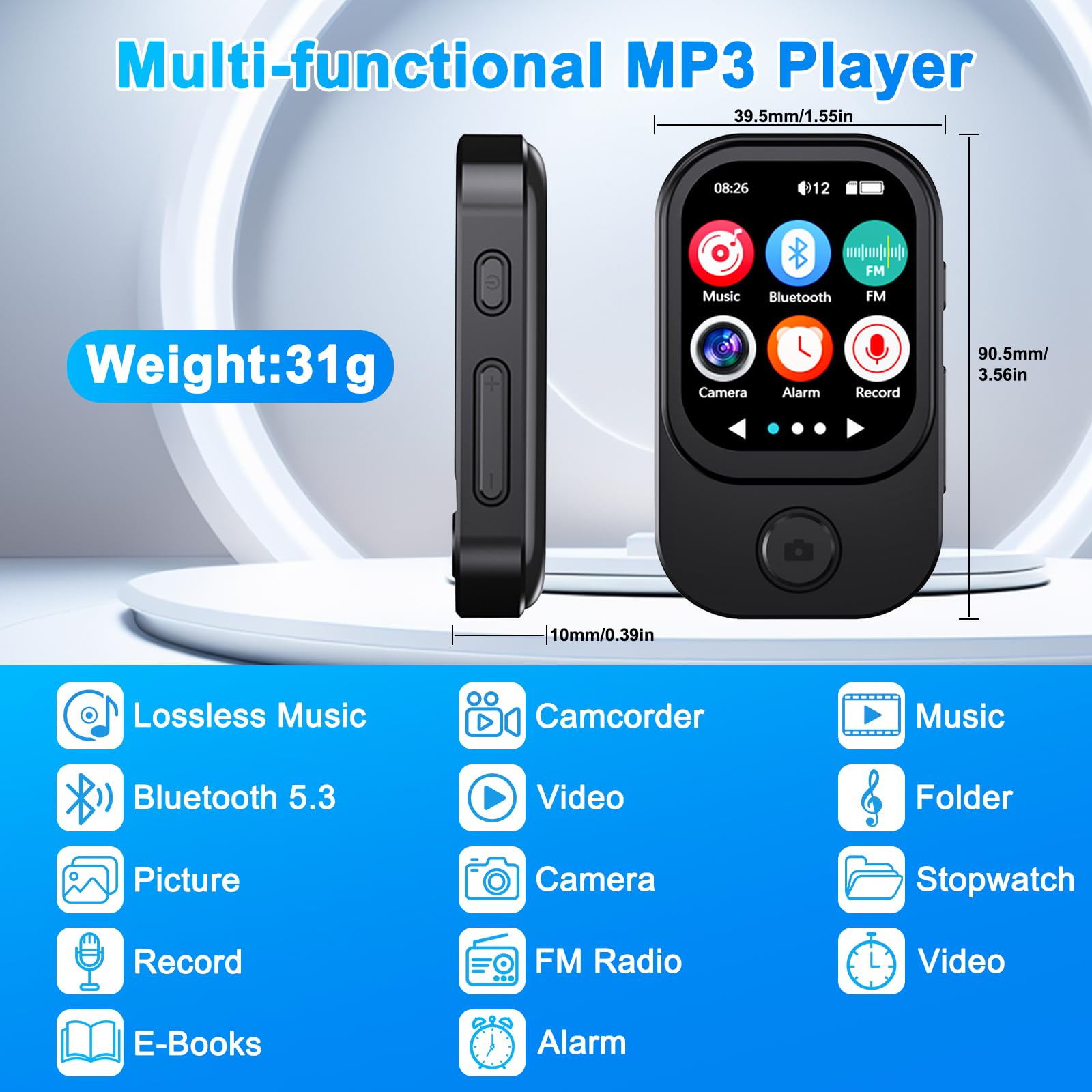 Gueray 64GB Mini Lettore MP3 con Fotocamera Bluetooth 5.3 Lettore Musicale con Altoparlante Schermo Tattile Supporto FM Radio Registratore Vocale Video Allarme Funzione E-book Scheda TF