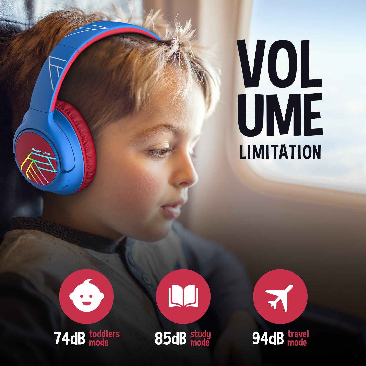 PowerLocus Kids Wireless Headphones, Bluetooth Kids Headphones LED Lights Over Ear with 74/85/94dB Volume Limited - Image 4