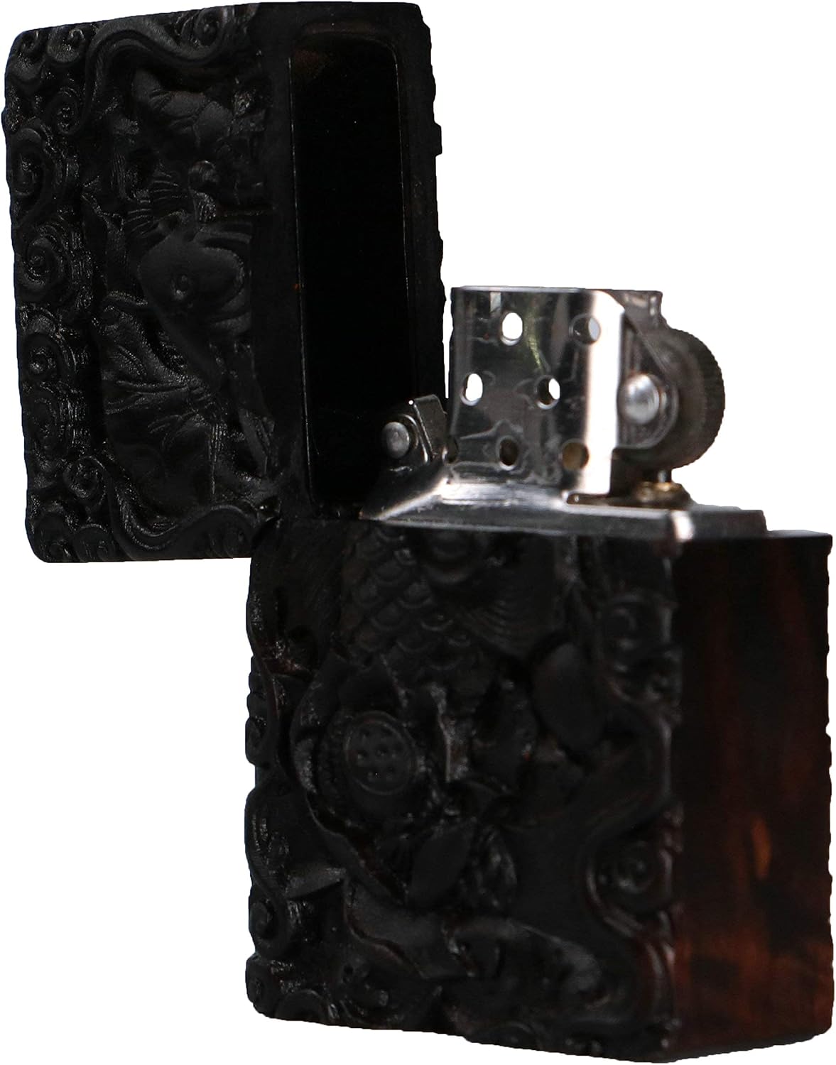 Natural Ebony Black Wood Carved Lighter Shell Box For Zippo Module (Lotus Fish)