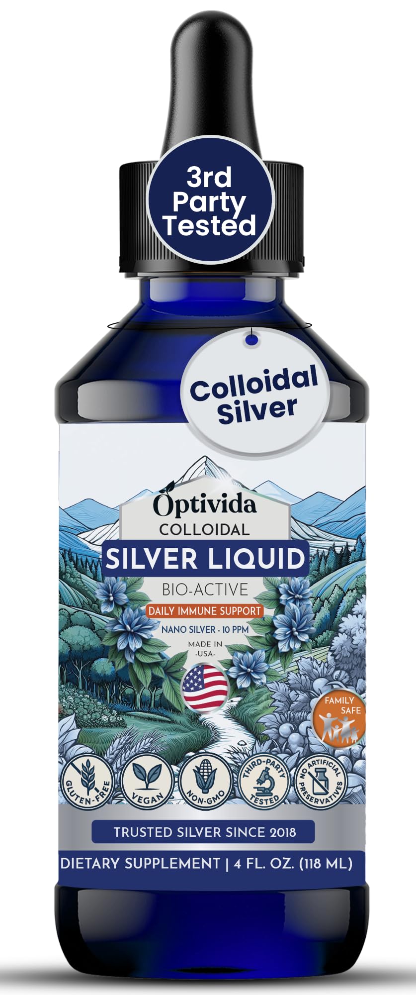 Optivida Colloidal Silver Liquid - 10 PPM Liquid Silver Immune Support, Pure Nano Silver Hydrosol Liquid for Family Wellness - Natural Silver Water