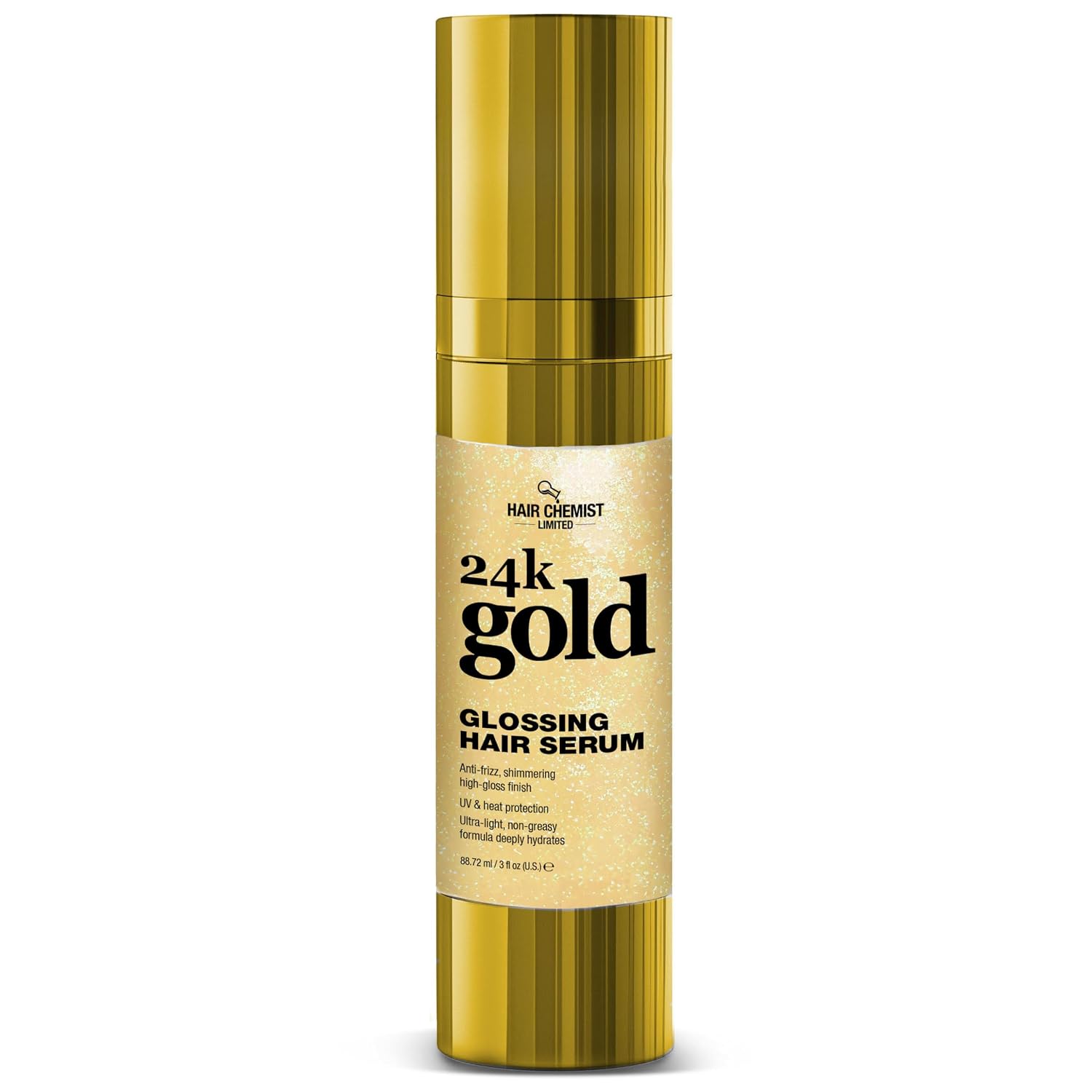 Hair Chemist 24k Gold Glossing Hair Serum 3 Ounce – Anti‑Frizz High‑Gloss Shine, Ultra‑Light Non‑Greasy Formula with UV & Heat Protection, Hydrating Leave‑In Serum