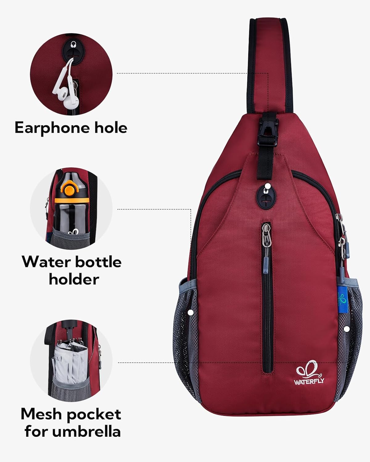 WATERFLY Crossbody Sling Backpack Sling Bag Travel Hiking Chest Bag Daypack (Dark Red) - Image 4