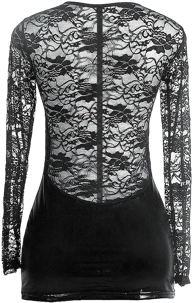 Women Sexy Black Faux Leather Dress, Lace Trim Evening Nightgown Plus Size Latex Lingerie