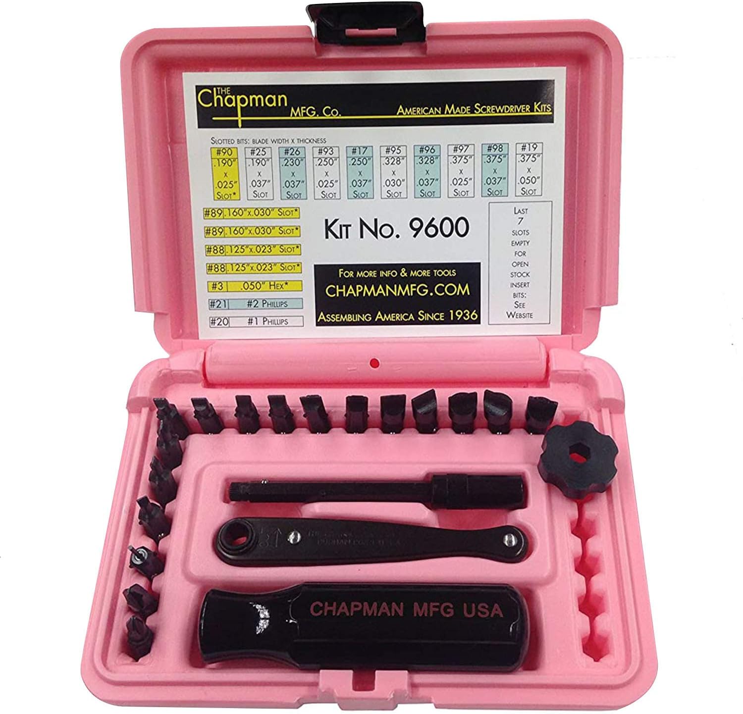 9600 Starter Slotted Screwdriver Set - 20 Pieces - Includes 14 Slotted Head Insert Bits, 2 Phillips, Mini Ratchet, Screwdriver Handle, Extension + Open Slots, USA Made (Pink Case)