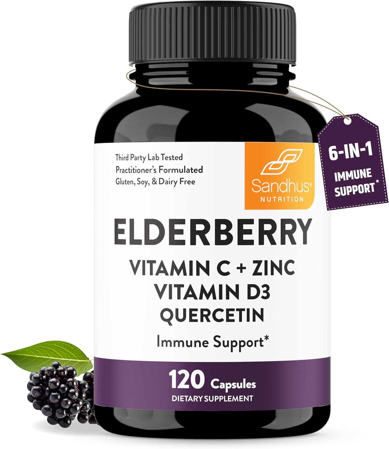 Sandhu’s Elderberry Vitamin C and Zinc with Vitamin D3 & Quercetin | Supplement Capsules for Men & Women | Supports Immune Health | 120 Count (Pack of 1)