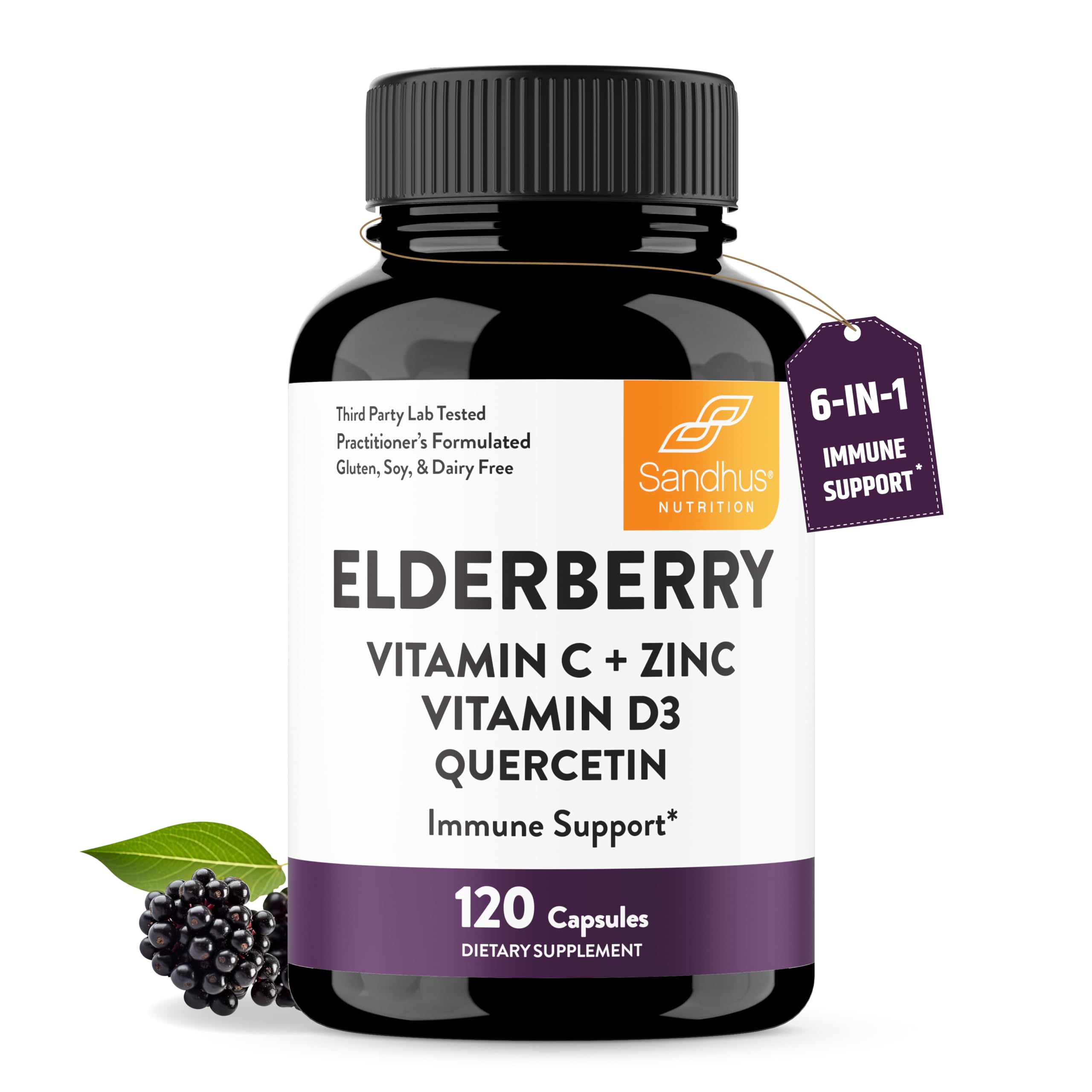 Sandhu's Elderberry Vitamin C Vitamin D3 Goldenseal with Zinc & Quercetin | Capsules for Men & Women | Supports Immune Health | 120 Count (Pack of 1)