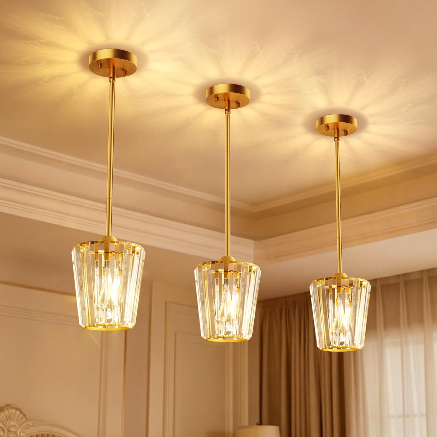 Crystal Pendant Lights Kitchen Island 3 Pack, Modern Gold Pendant Light Fixtures Mini Adjustable Chandeliers for Kitchen Island Dinning Room Bedroom Hallway with E26 Base (Bulbs Not Included)