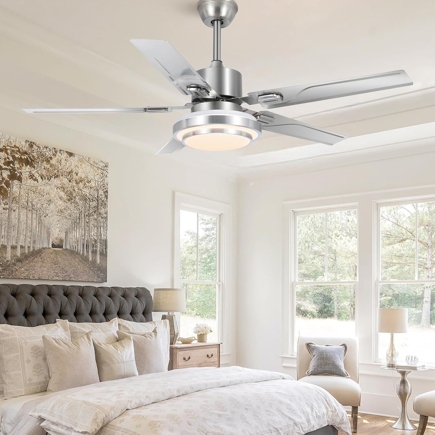 52 Inch Brushed Nickel Ceiling Fan with Lights and Remote Control, Stainless Steel Dimmable 3-Color LED Ceiling Fan Light, Quiet Reversible Motor, 5 Blades Indoor Modern Ceiling Fan