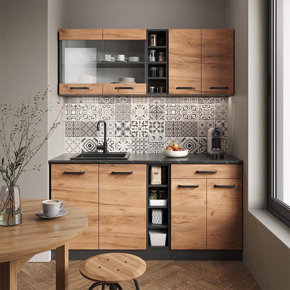 Vicco Cucina completa R-Line, Rovere dorato/antracite, 160 cm senza piano di lavoro, adatto per l'espansione individuale con moduli aggiuntivi