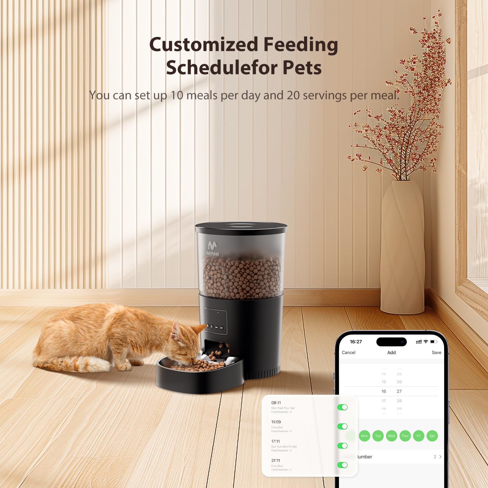 IMIPAW Distributore Automatico Cibo Gatti, Controllato da APP, 2.4G WiFi Alimentazione a Distanza, 10 Pasti al Giorno, 3L Dispenser Cibo Secco per Animali Di Piccola e Media Taglia