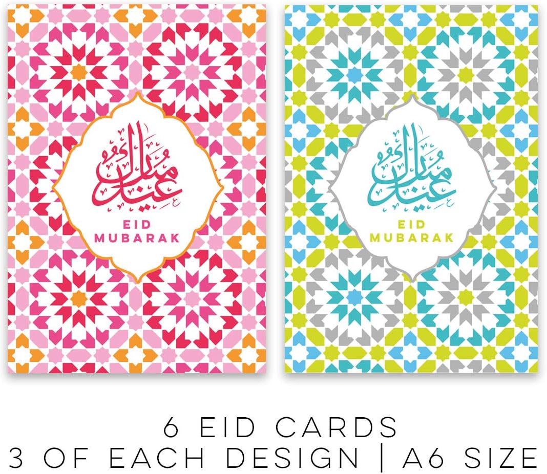 Eid Bright Pink Blue Cards Multi Designs (Pack of 6) Kids Theme, Multi-Pack, a6, envelopes Included