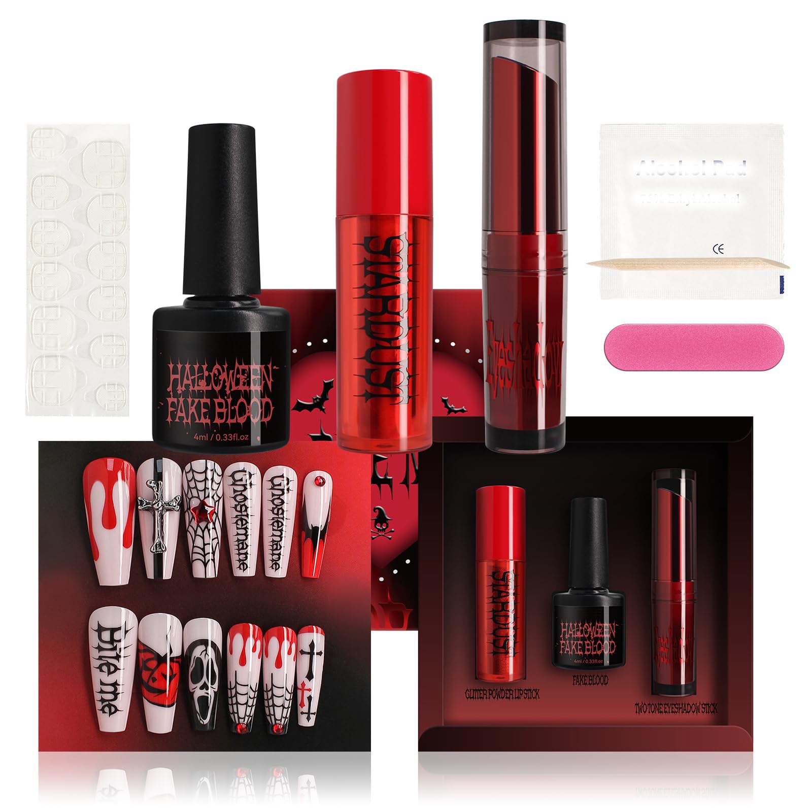 Tiejdhr 4 Set Matte Soft Mist Halloween Vampire Lipstick Powder, Nail Slice, Fakeblood, Two Tone Eyeshadow for Sports Halloween Birthday Party Clown