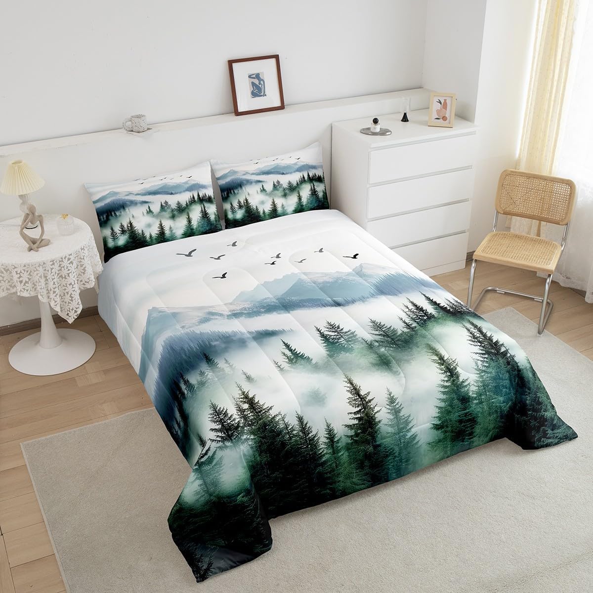 jejeloiu Woodland Forest Tree Bedding Set Queen Size Kids Botanical Dark Green Comforter Cover Ombre Nature Landscape Duvet Cover Breathable Soft Lightweight Microfiber Quilt Set