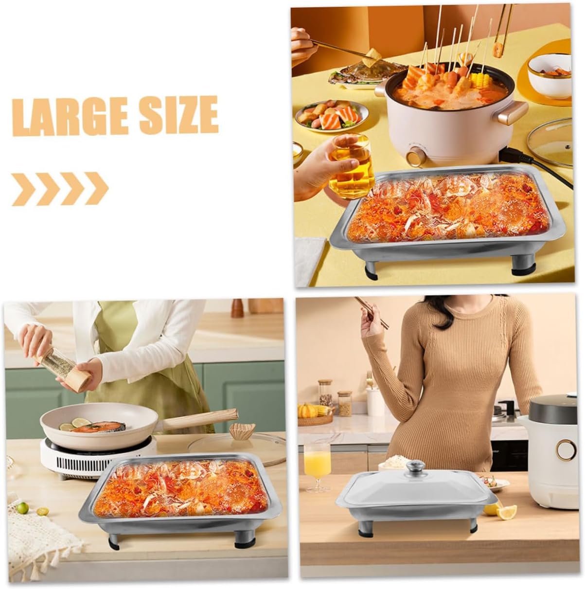 PRETYZOOM Stainless Steel Buffet Tray with Lid Rectangular Chafing Dish Serving Platter for Catering Food Serving and Roasting for Parties and Gatherings