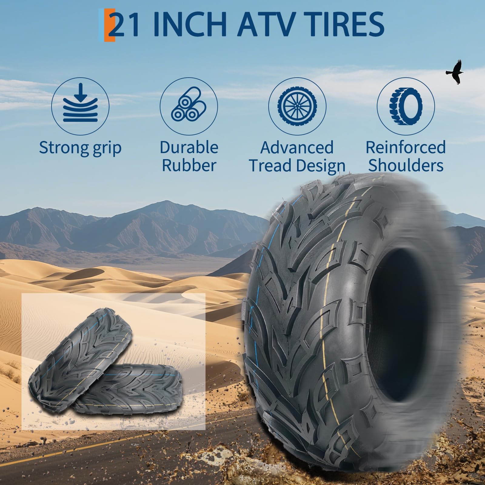 Garvee Pneus ATV tout-terrain - Lot de 2, 21x7-10, tubeless, 4 plis, montage avant, bande renforcée, quad/buggy/kart/UTV, sable/sentier/boue, AT21X7-10