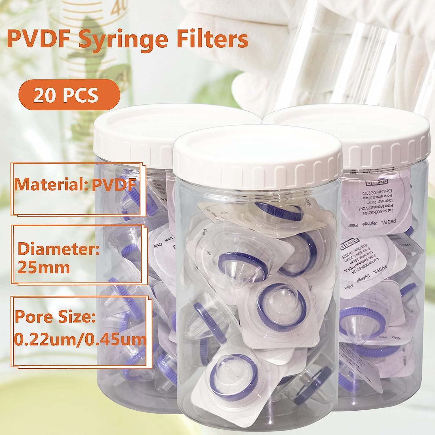20 Pièces Filtres à Seringue à Membrane Hydrophile PVDF Stérile de 25 mm de Diamètre et 0,22um de Pores, Filtres à Aiguille pour HPLC et GC, Filtration de Laboratoire à Haute Productivité