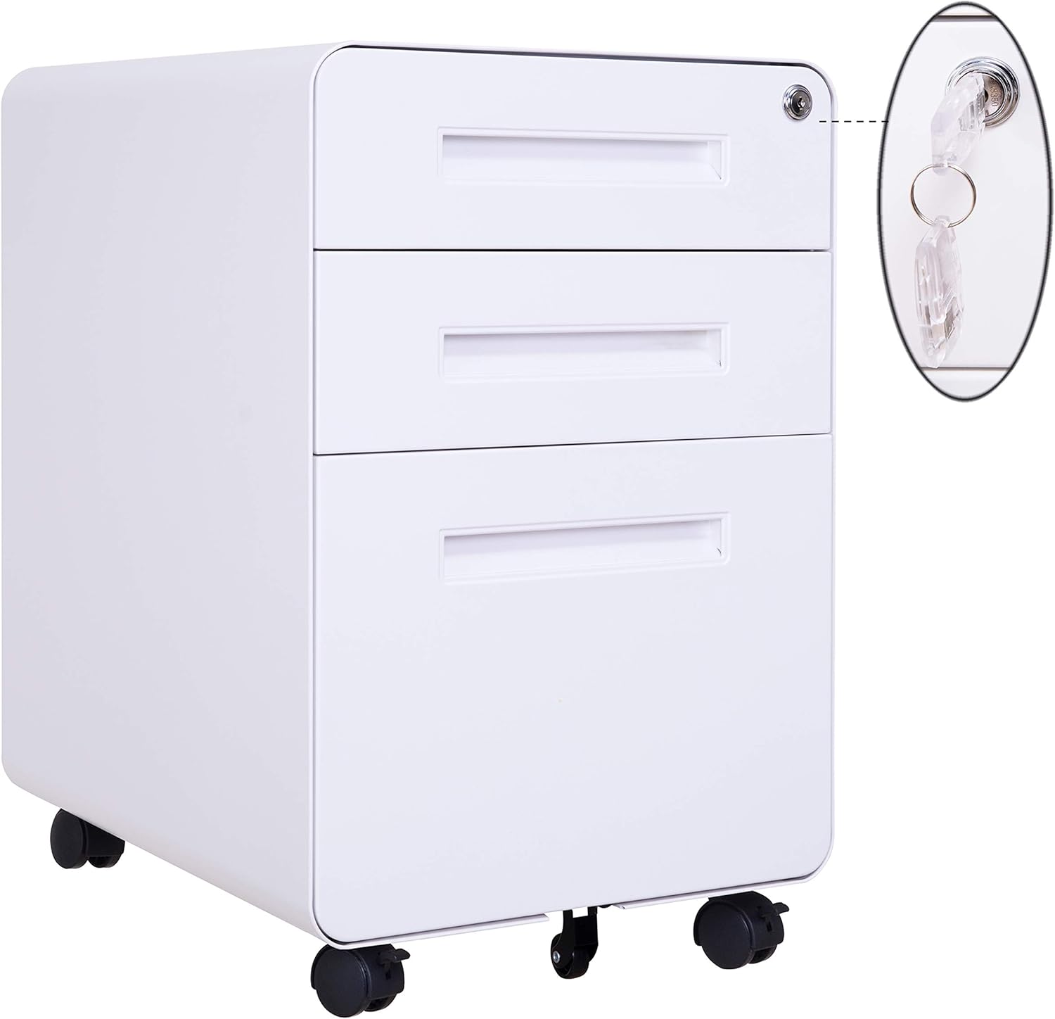 3 Drawer Mobile File Cabinet with Lock, Metal Filing Cabinet Legal/Letter Size, Fully Assembled Except Wheels (White)