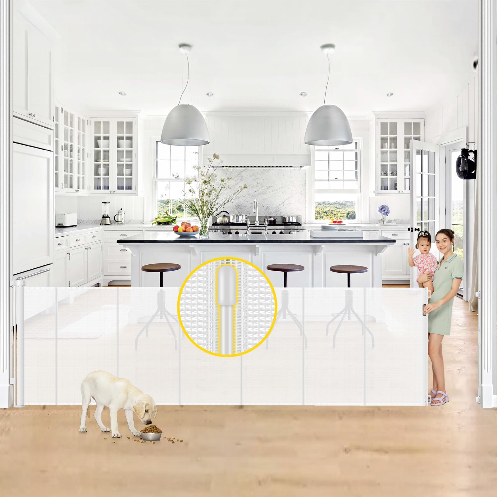 Reinforced 42” Tall x 130” Extra Wide Retractable Baby Gate for Large Openings Extra Tall Dog Gate with Rods to Prevent Crawling Through, Extra Long Mesh Pet Gate for Doorways, White