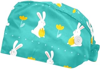 Easter Bunny 2 Pack Adjustable Working Cap with Buttons Elastic Bouffant Hats Head Scarf with Sweatband for Women Men