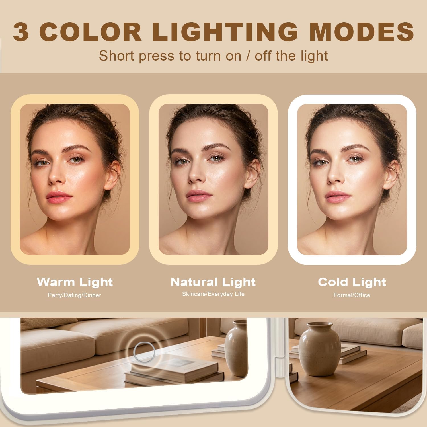 Trifold LED Vanity Mirror with Lights, Bathroom Shower Mirror with Powerful Suction Mount, Rechargeable Makeup Mirror with 2X/3X Magnification, 3 Color Lights & Brightness Adjustable