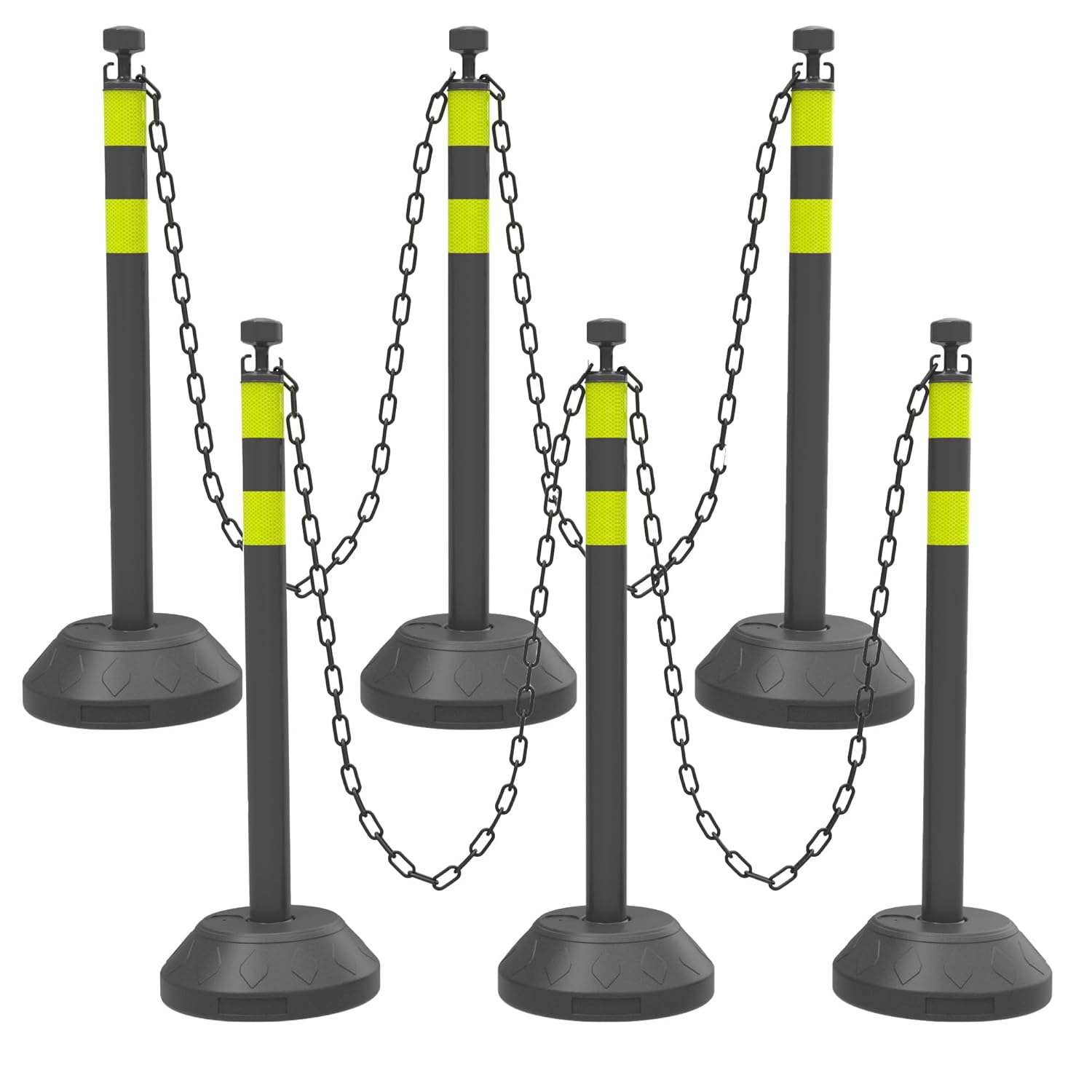 6-Piece Set 40"/ 102cm Stanchion Posts, Traffic Delineator Post with Yellow Reflective Strip and Water Filled Base for Parking, Queue and Crowd Control (Black)