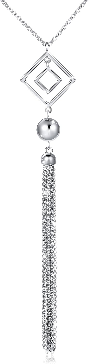 DAOCHONG 925 Sterling Silver Long Chain Sweater Large Necklace for Women Statement Pendant Fringe Necklaces Jewelry