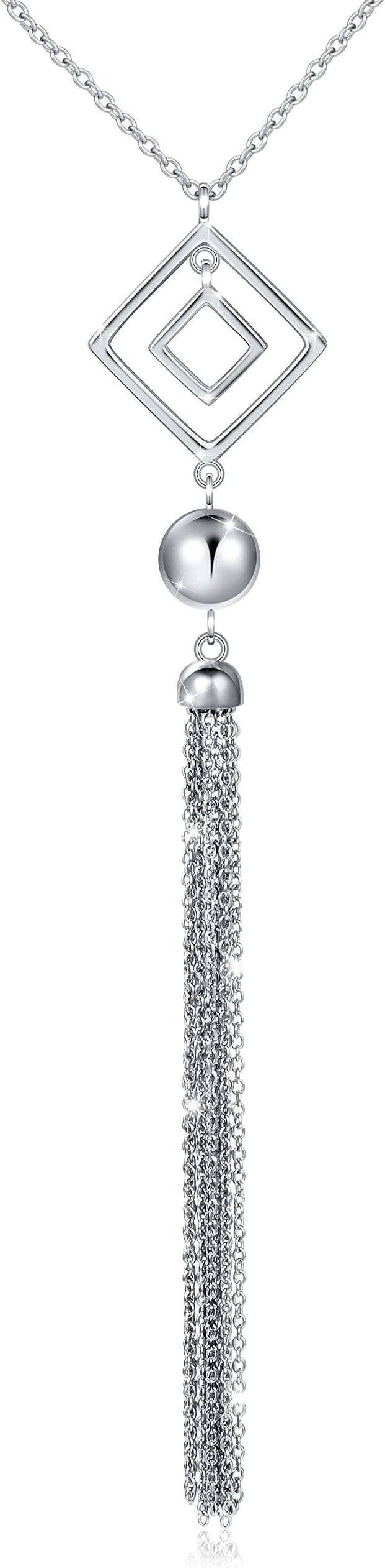 925 Sterling Silver Long Chain Sweater Large Necklace for Women Statement Pendant Fringe Necklaces Jewelry