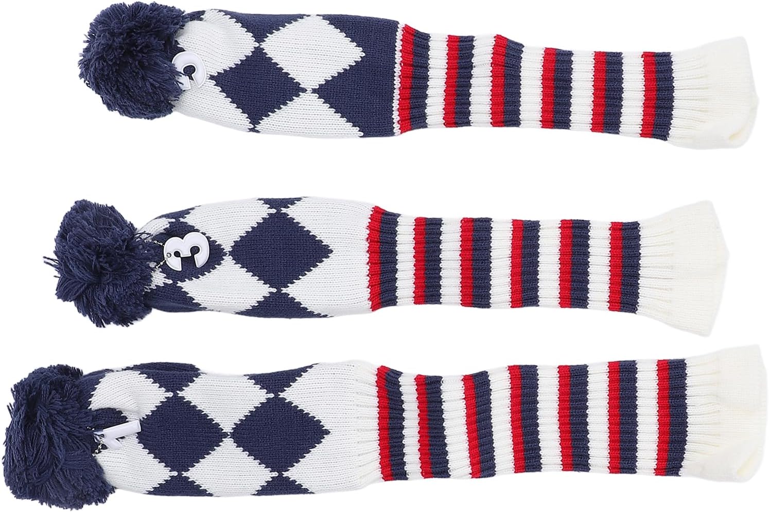 Knitted Golf Covers Set, 3Pcs Golf Cover Pattern Plush Ball Protective Scratch with Long Neck Golf Headcovers for Driver and Fairway Woods