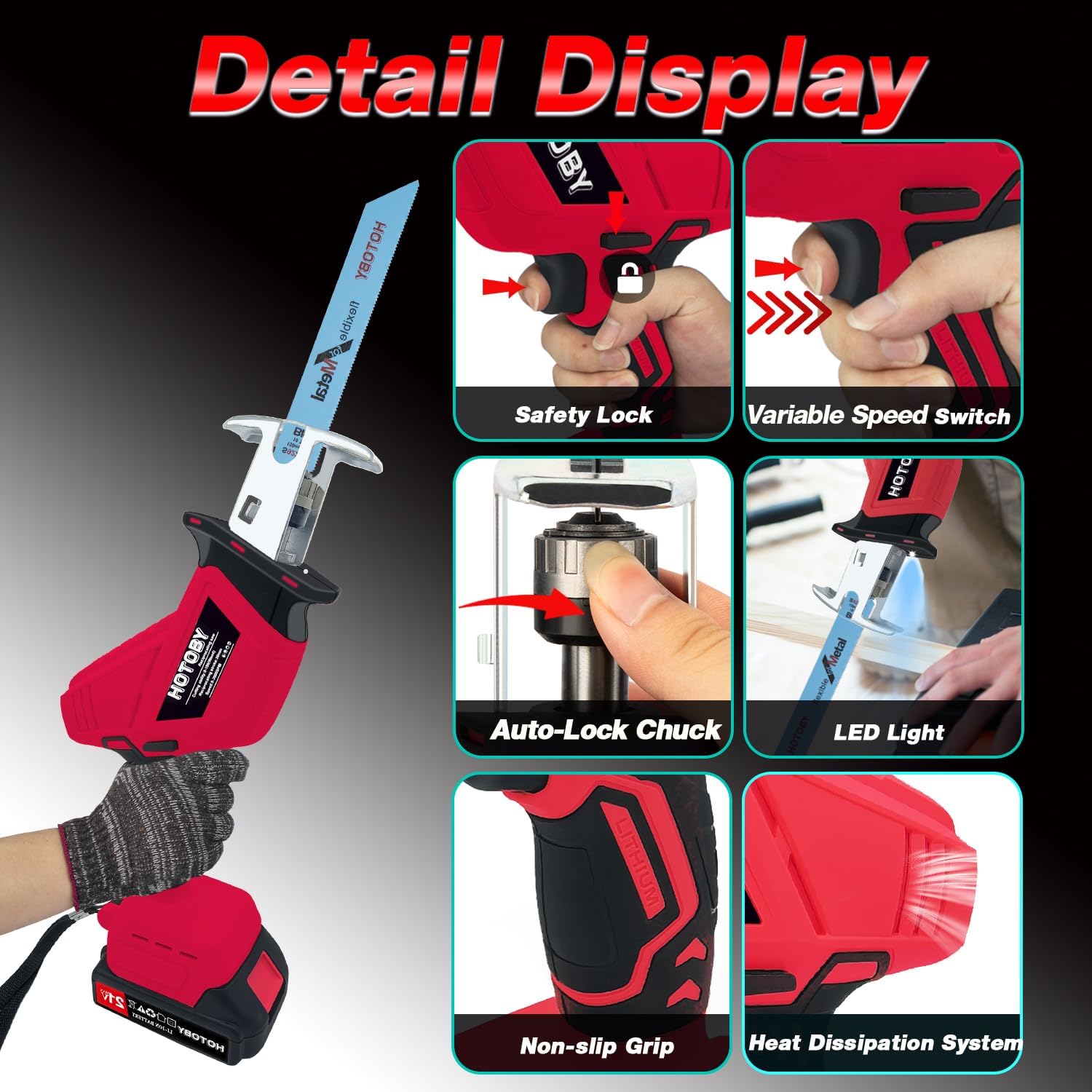 Reciprocating Saw, Cordless, Electric Reciprocating Saw with 2 Batteries, Includeds 8 Blades Kit, Tool-free Blade Change, Variable Speed, Multi-Purpose, For DIY Wood Metal PVC Cutting (Red)