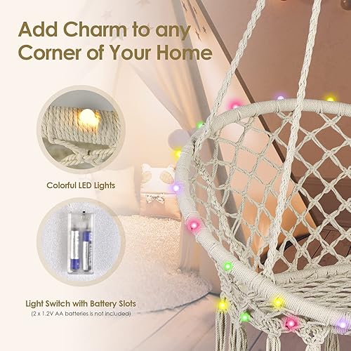 Miniatura 3 de Tangkula Silla hamaca con luces, columpio de macramé con borlas, cuerda de algodón tejida a mano, estilo bohemio para interiores y exteriores, silla