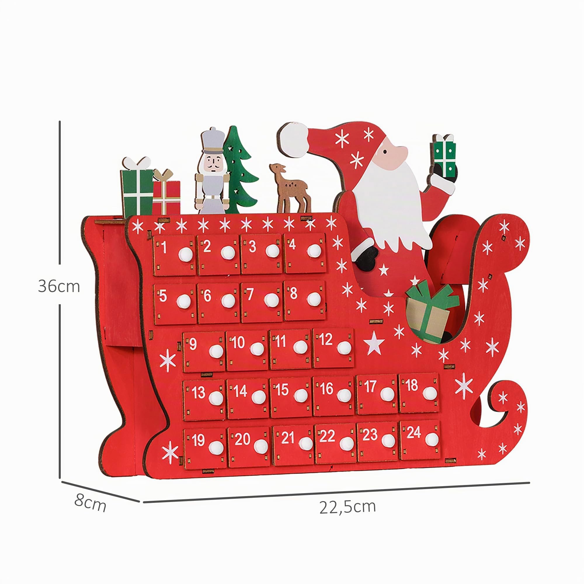 HOMCOM Calendrier de l'Avent en bois avec 24 tiroirs à remplir, Rouge | Calendrier de l'Avent Réutilisable, Forme Père Noël et Traîneau, Décoration de Noël, Cadeau Enfants et Adultes