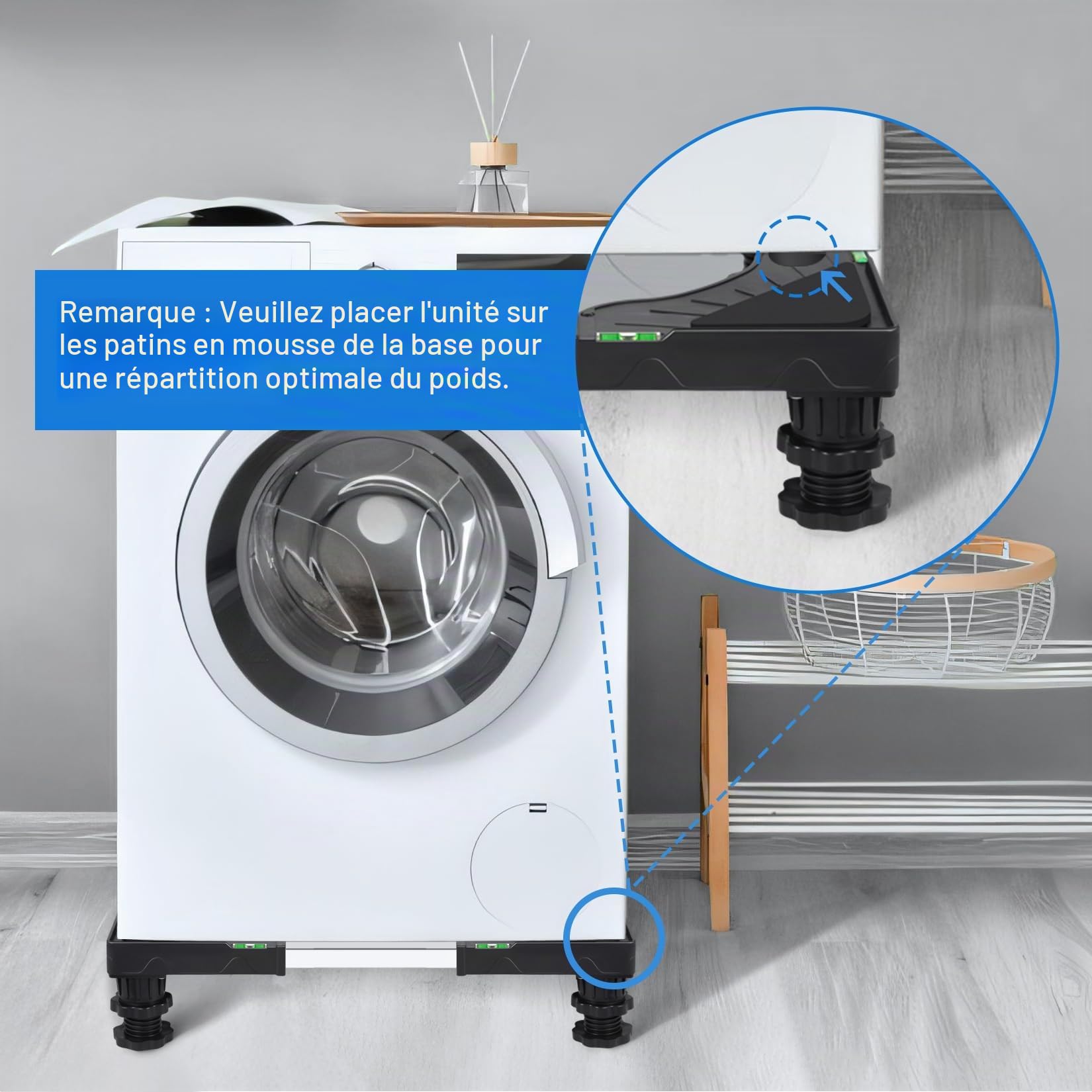Support Machine à Laver avec 4 pieds rembourrés verrouillables, Réglable Largeur 40-62cm et Hauteur 10-12.5cm, Socle Lave Linge Charge 200KG, Bases de Réfrigérateur et Sèche-Linge, Noir