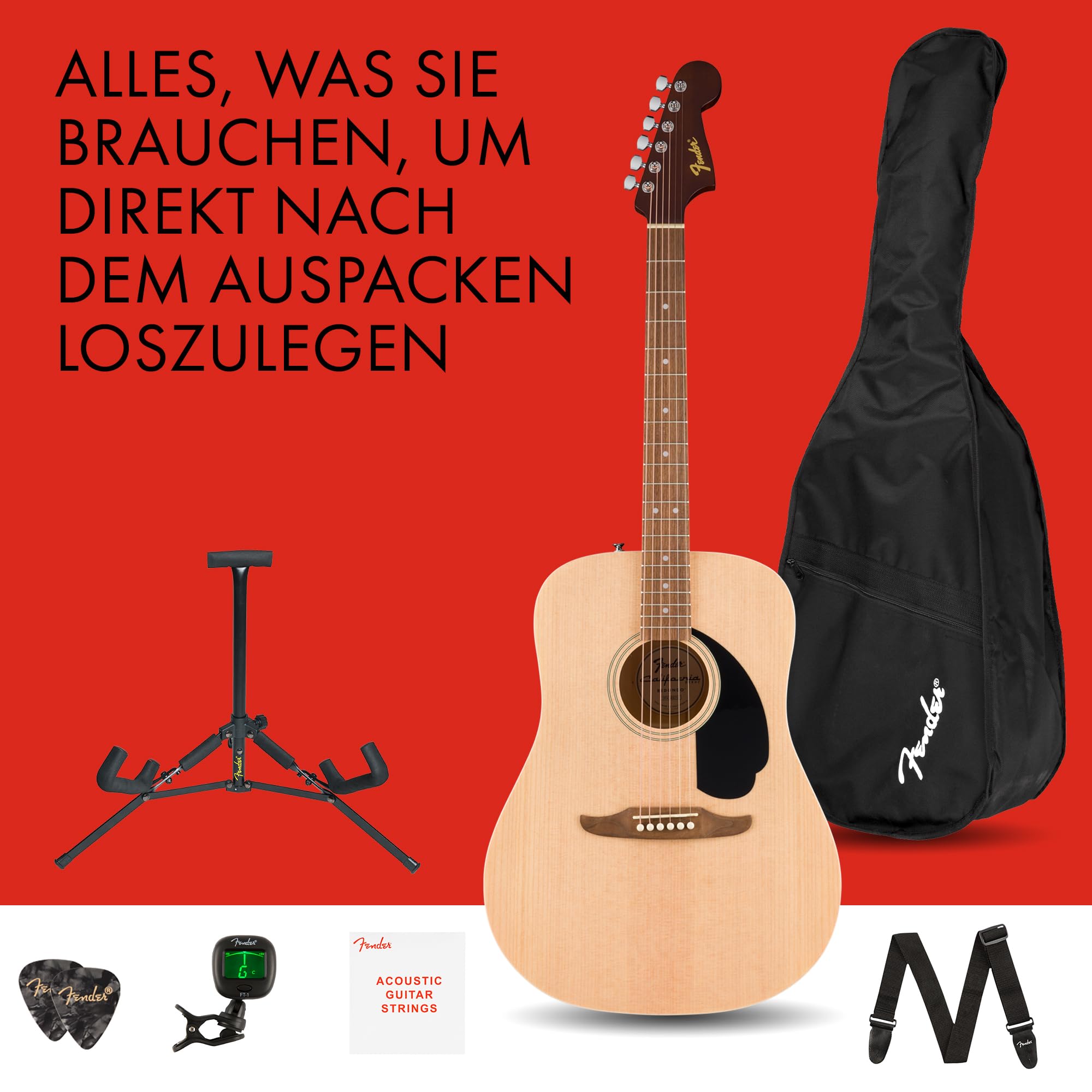 Fender California Debut Redondo Dreadnought Akustikgitarrenpaket Natural mit Zubehör