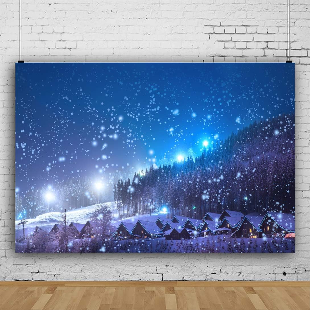 Leowefowa 9X6FT Christmas Backdrop Rustic Village Night View Forest Trees Snowing Shining Lights Blue Sky Winter Xmas Vinyl Photography Background Kids Children Adults Photo Studio Props