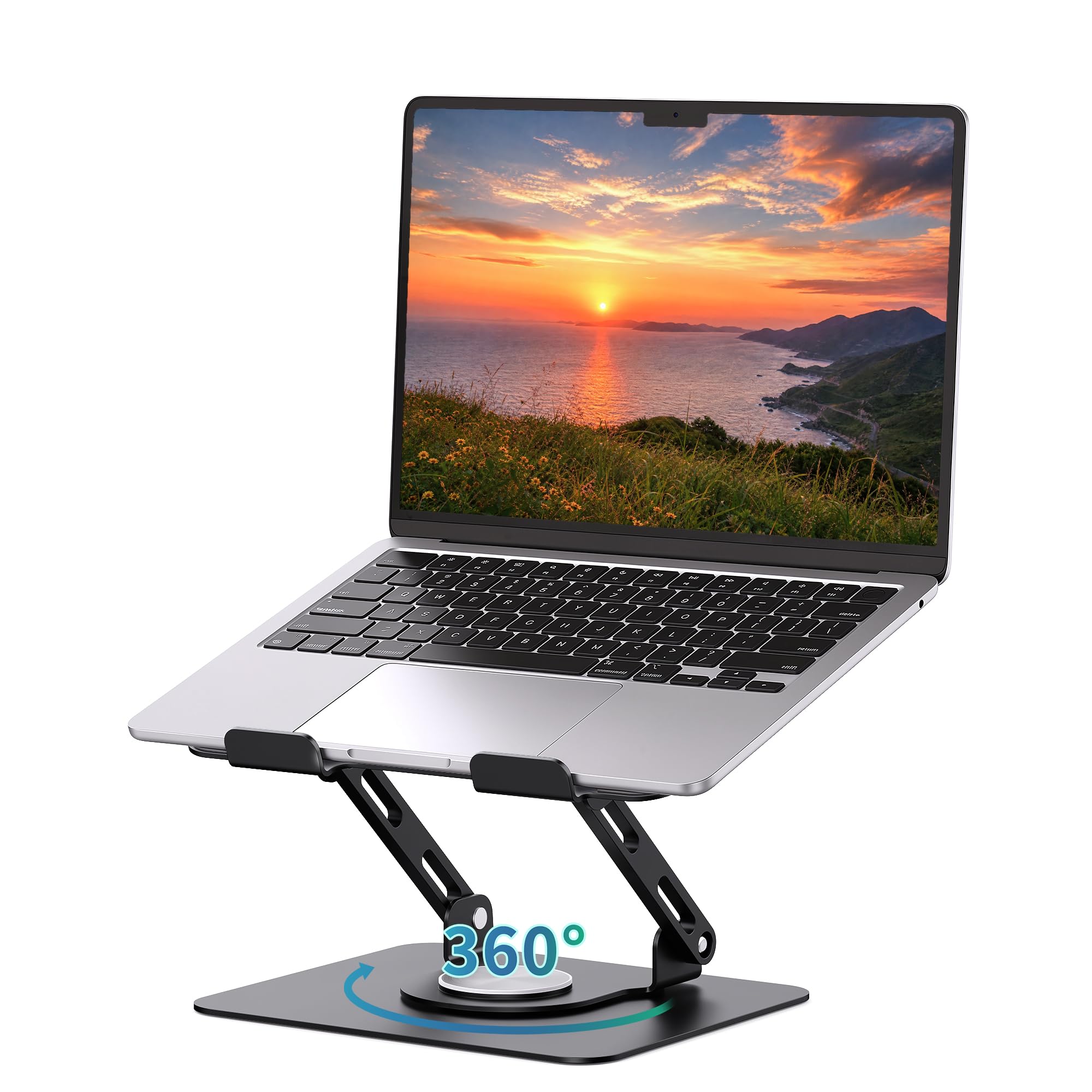 SOUNDANCE Soporte para portátil con Base giratoria de 360°, Elevador ergonómico para computadora para Escritorio, Altura Ajustable multiángulo, computadora portátil de 10 a 15.6 Pulgadas, Negro | Ángulo de altura ergonómico, plegable portátil, disipación de calor hueca, base elevadora para oficina y hogar