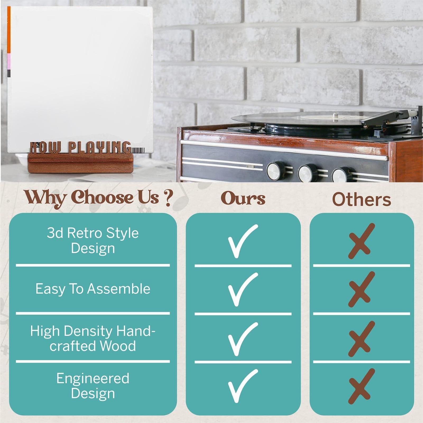 Supporto In Legno Per Dischi Vinile - Porta Album Retrò, Now Playing Stand 13.3x18x22.2cm - Foto 8