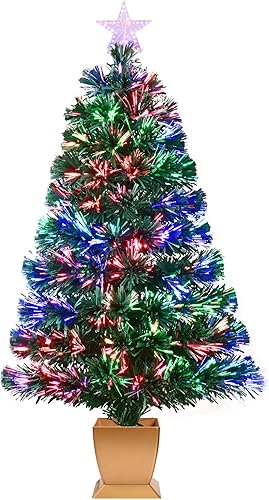 Árbol de Navidad de fibra óptica verde de 3 pies, mini árbol de Navidad artificial preiluminado, árbol de Navidad pequeño de mesa con estrellas,