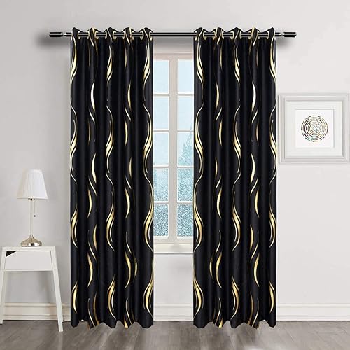Miniatura 4 de MYRU 1 par de cortinas opacas negras para dormitorio, cortinas a rayas de lujo para sala de estar (negro y dorado, 2 x 54 pulgadas de ancho x 90