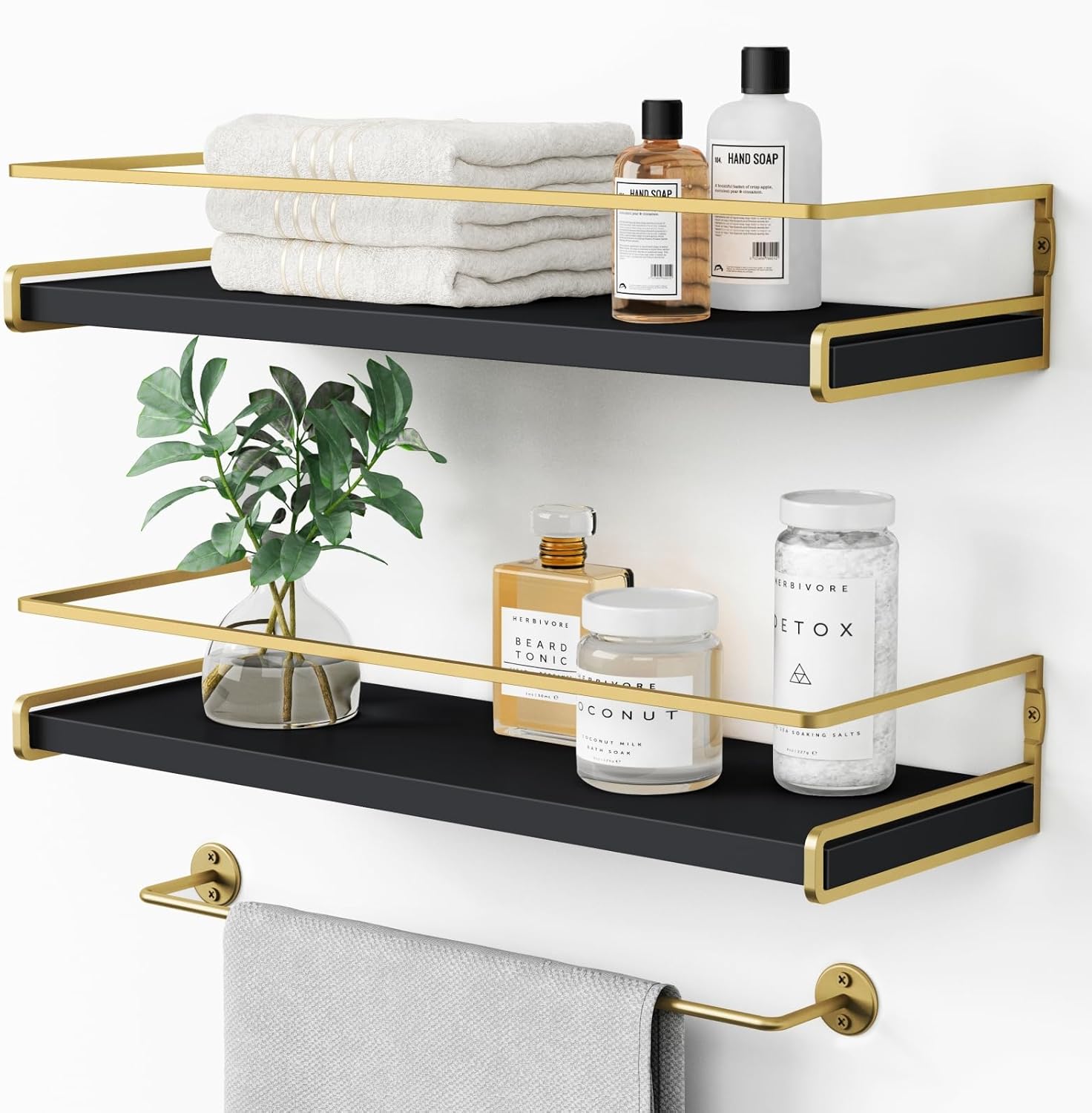 Forbena Black and Gold Floating Shelves for Wall, Bathroom Wall Shelves Over Toilet, Wood Hanging Shelves Wall Mounted for Kitchen Coffee Bar (Black and Gold) 7. Black-gold