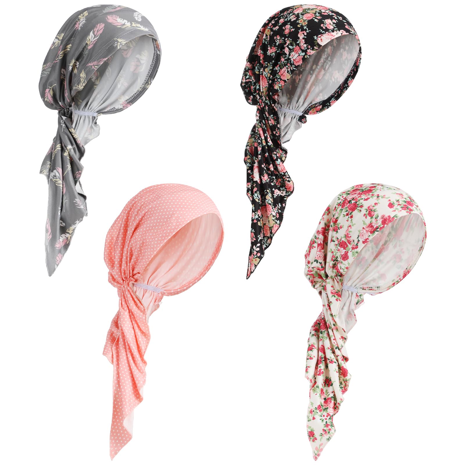 4 Pieces Chemo Headwear for Women Pre Tied Caps Soft Cotton Elastic Head Scarf for Patients