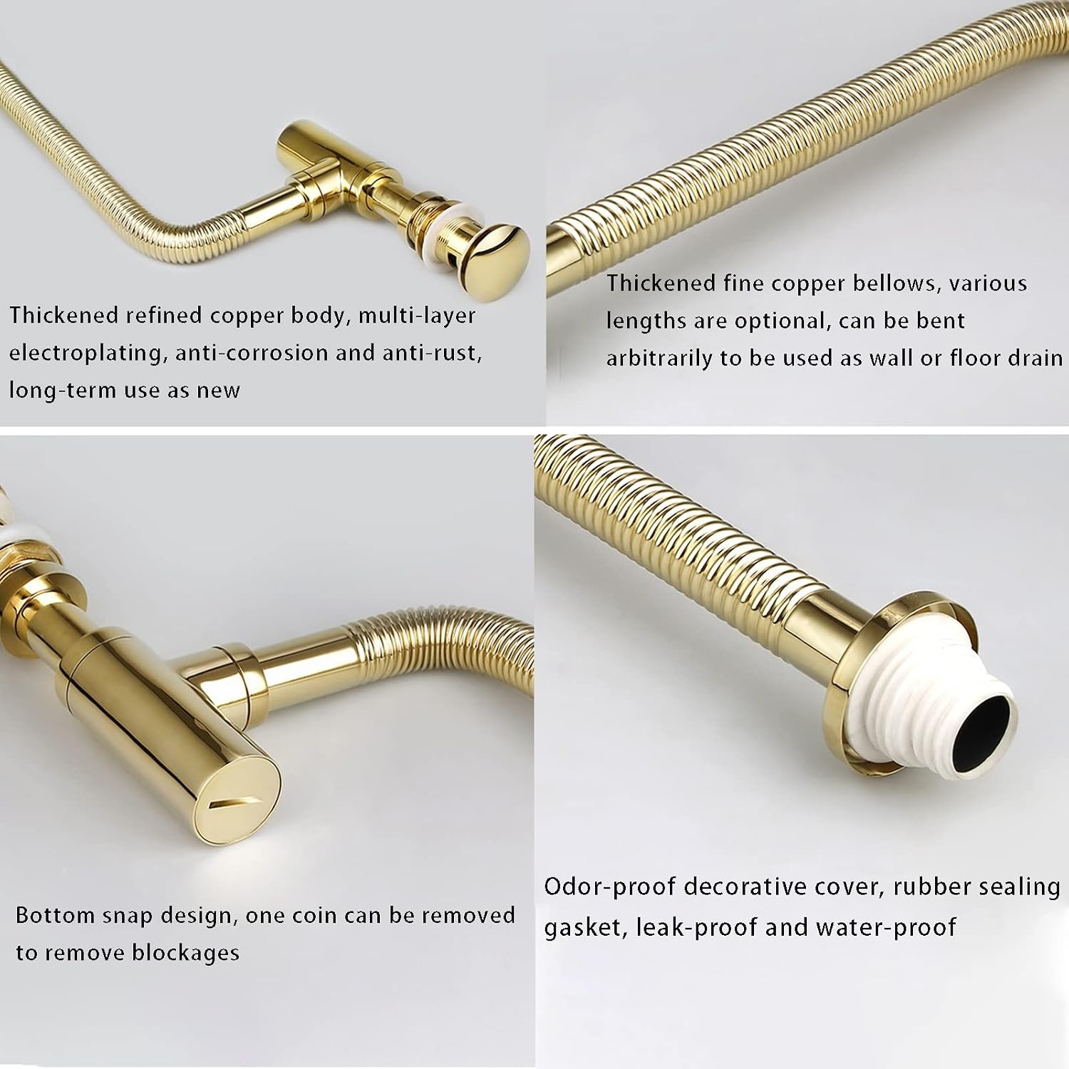 Gold Bathroom Sink Drain Stopper, P-Shape Adjustable 1-1/4 Inch Slip Inlet Drain Complete Kit,Brass Pop Up Drain Stopper with Overflow,Sink Drain Assembly,100CM
