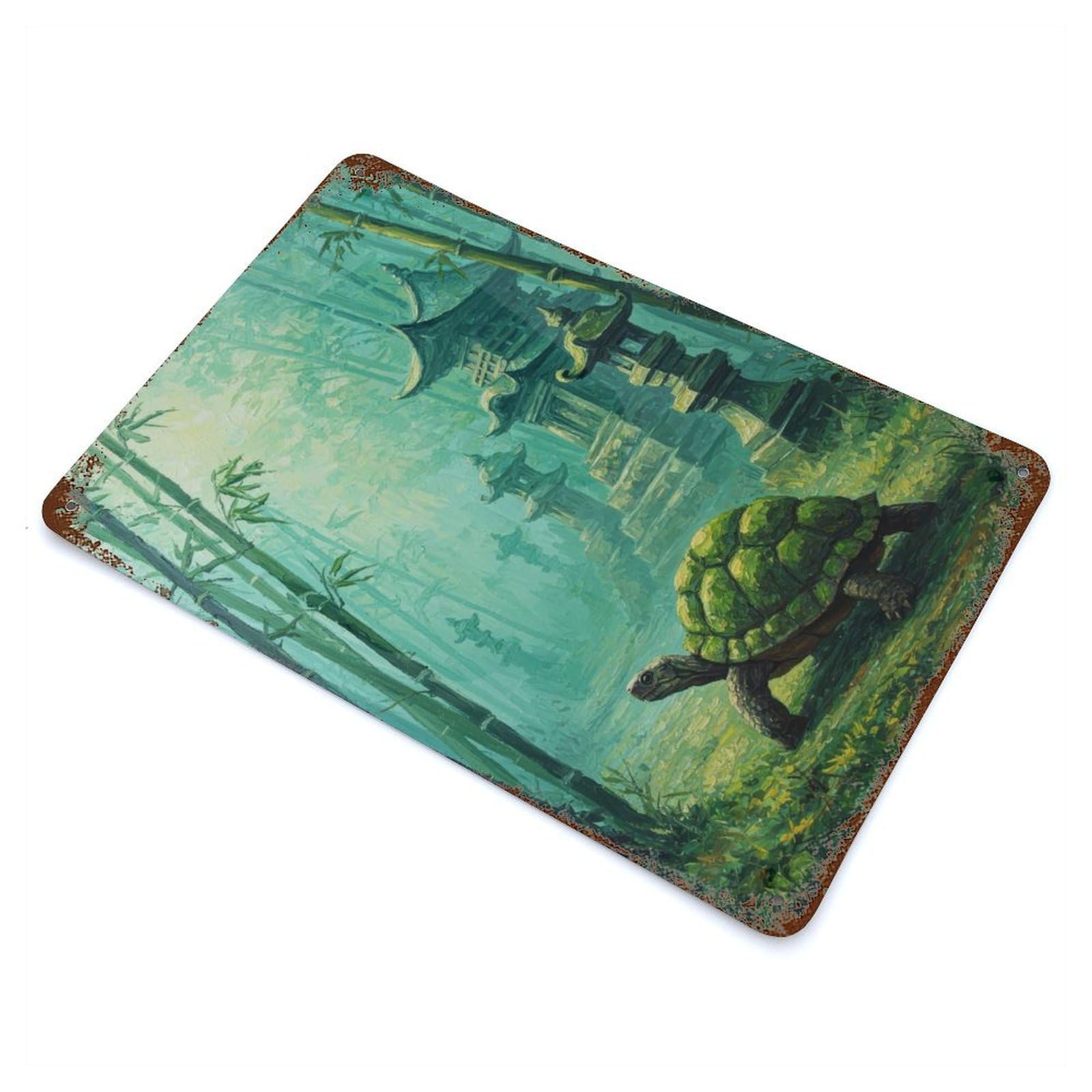 Turtle in Bamboo Forest with Pagodas Vintage Wall Sign 11.8"x7.9", Rust Effect Metal Decor for Cafe, Home Bar And Lounge Decor