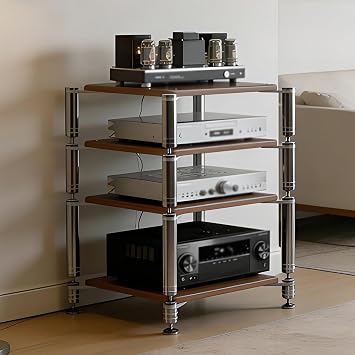 Heavy Duty AV Media Stand, AV Component Stand with Stainless Steel Bracket, Stereo Component Rack, Suitable for Living Rooms, Offices and Recording Studios Black Walnut, 4-Tiers