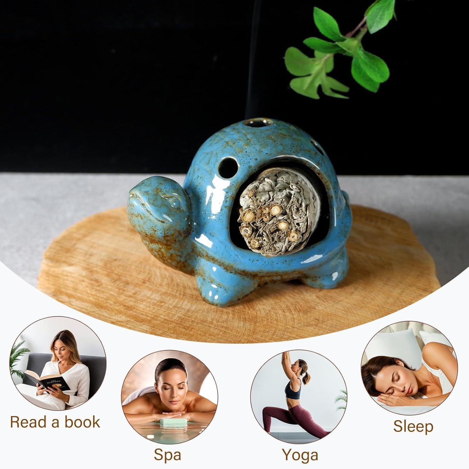MOUGIGI Blue Ceramic Turtle Palo Santo Burner - Mini Chiminea, Burns image 3